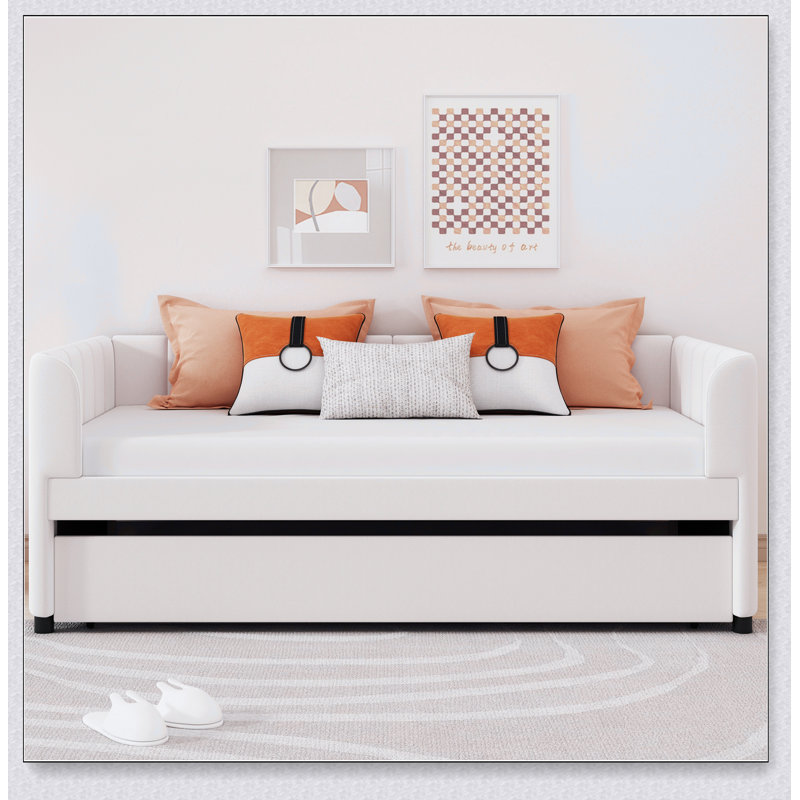 Upholstered Daybed With Ergonomic Design Backrest And Trundle, Beige