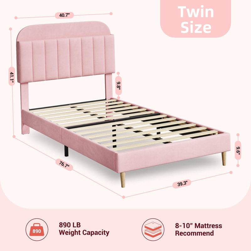Twin Velvet Bed Frame with Bookcase Headboard, Heavy Duty Steel Support, Kids Upholstered Bed, Twin, Pink