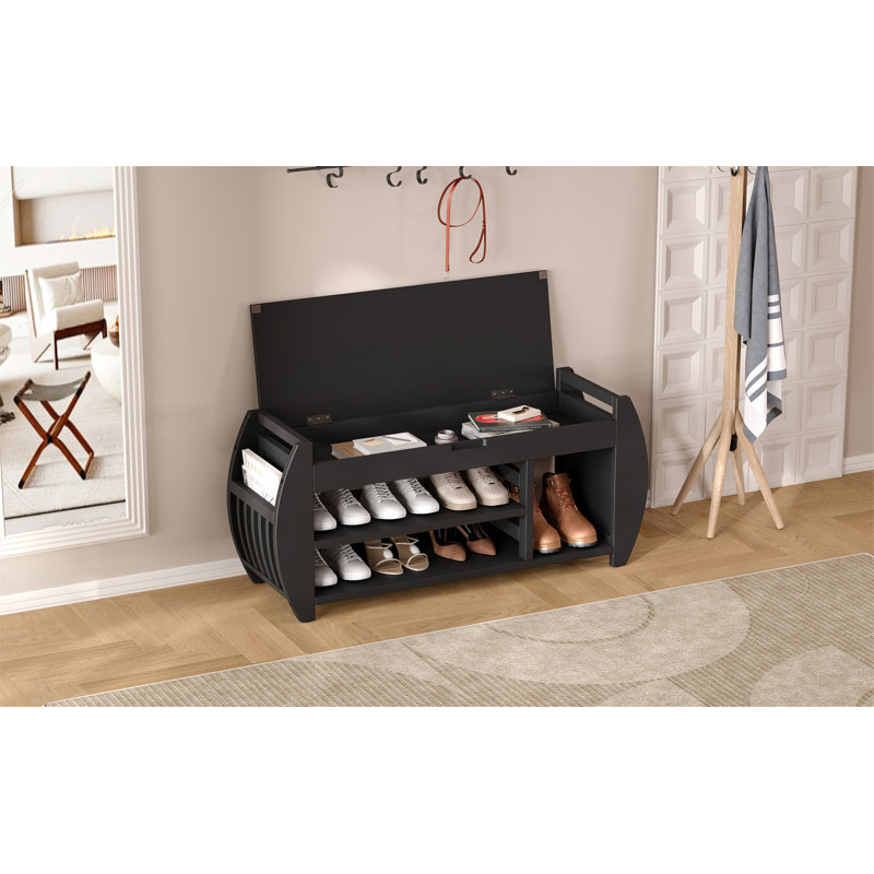 Storage Bench with Cushion and Curved Side Panel, Black