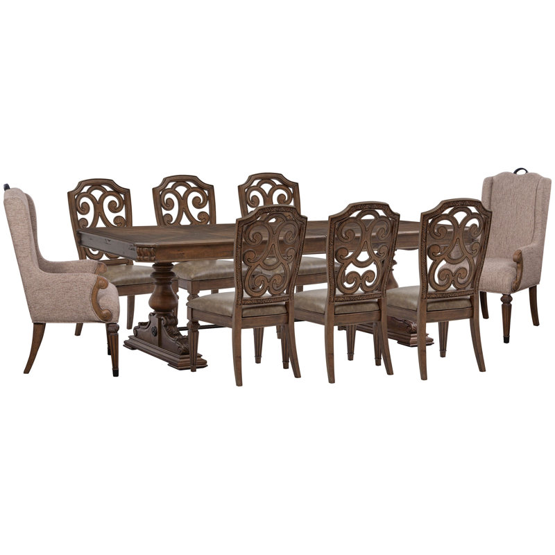 Extendable Trestle Dining Table With 6 Side Chairs And 2 Host Chairs, 9 Pieces: Table, 8 Chairs