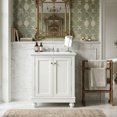 Meuble-lavabo autoportant 24 po avec lavabo en céramique, armoire en bois massif avec pieds en forme de boule et tablette réglable, bleu / vert / blanc