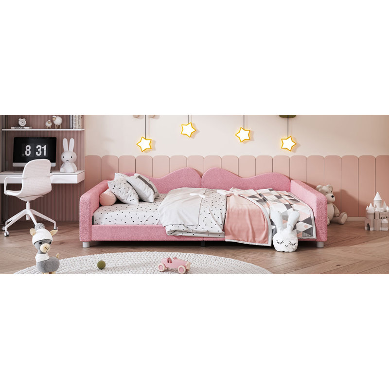 Lit de jour double rembourré en tissu sherpa avec dossier en forme de nuage, sans sommier tapissier, Rose, Complet/Double