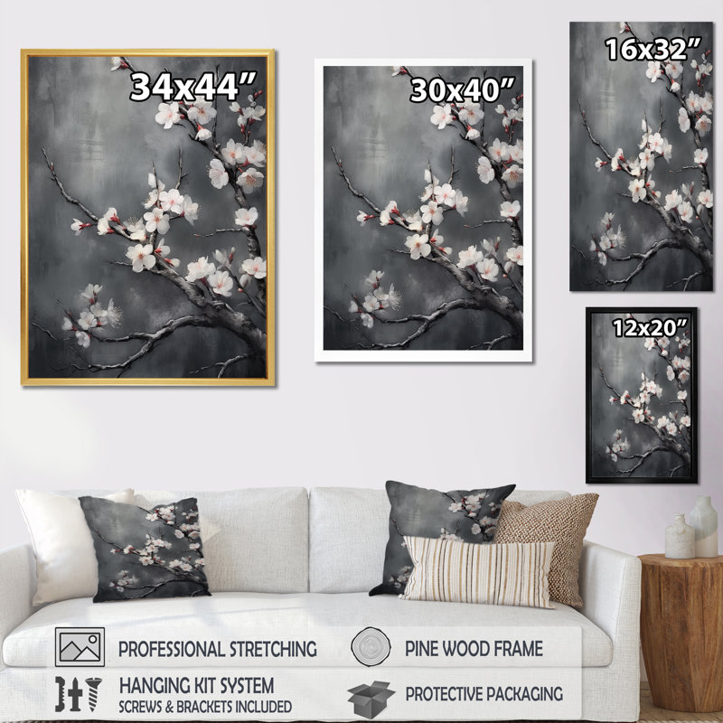 Fleurs de cerisier blanches sur 20 nuances de gris - impression sur toile encadrée cerisier, H 44 po x l 34 po x P 1,5 po