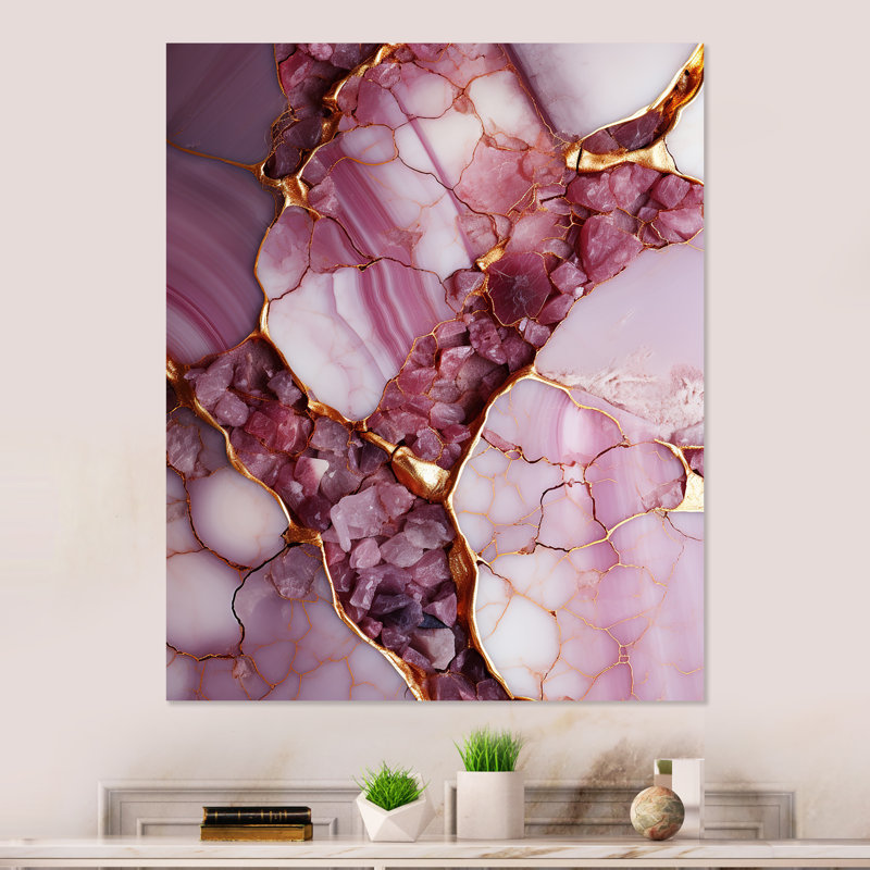 «Pink and Gold Marble River III», reproduction d'art murale abstraite en métal, H 32 po x l 24 po x P 1 po