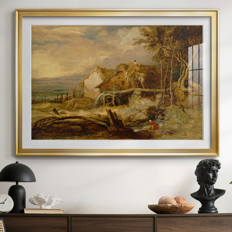 A Watermill-James Ward, reproduction encadrée avec passe-partout et verre début du 19e siècle, 26,5 x 36,5, Doré