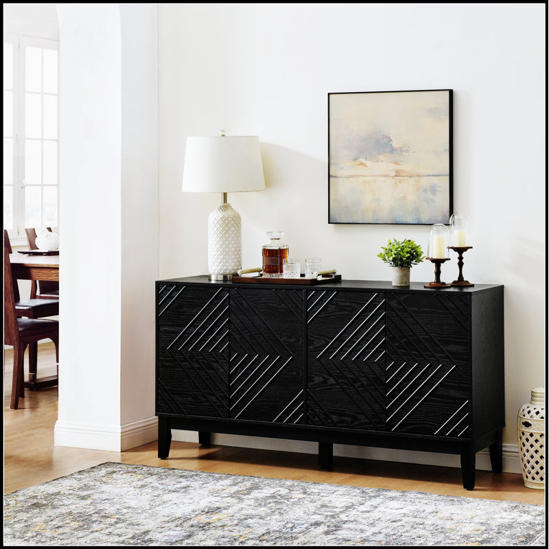 Buffet 60,5 po Mid-Century moderne avec tablettes réglables et motif géométrique, pour le salon et la cuisine