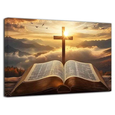 Christian Pictures Jesus Wall Art Bible And Cross Painting Sunrise Landscape Canvas Prints Religious Spirit Scripture Poster Living Room Office Decor (16" X 24")