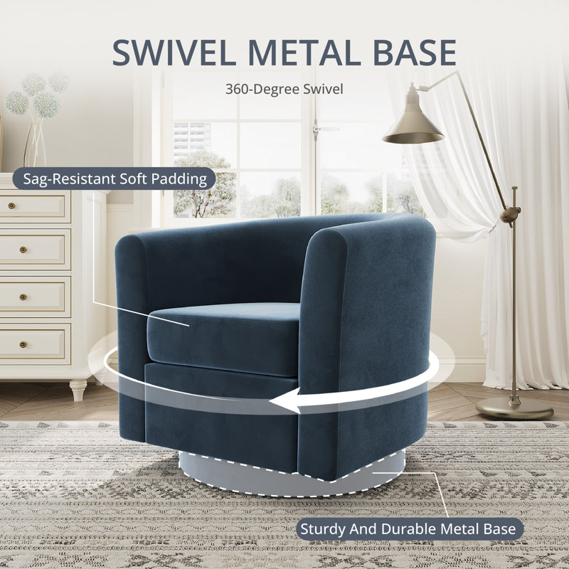 Upholstered Swivel Barrel Chair with Storage Ottoman, 24.5″ Wide Small Accent Chair, 360° Rotation, Blue