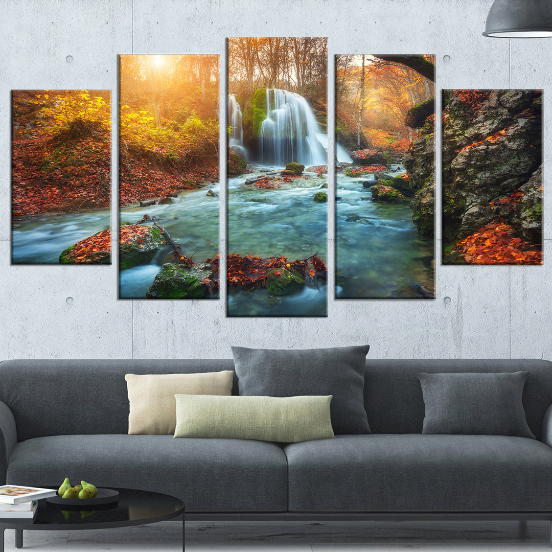 " Fast Flowing Fall River In Forest " 5 - Pieces Design Art