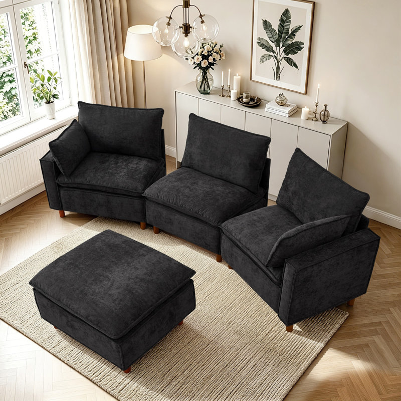 Canapé modulaire 108,5 po en chenille modulaire en L pour salon, Chenille noir
