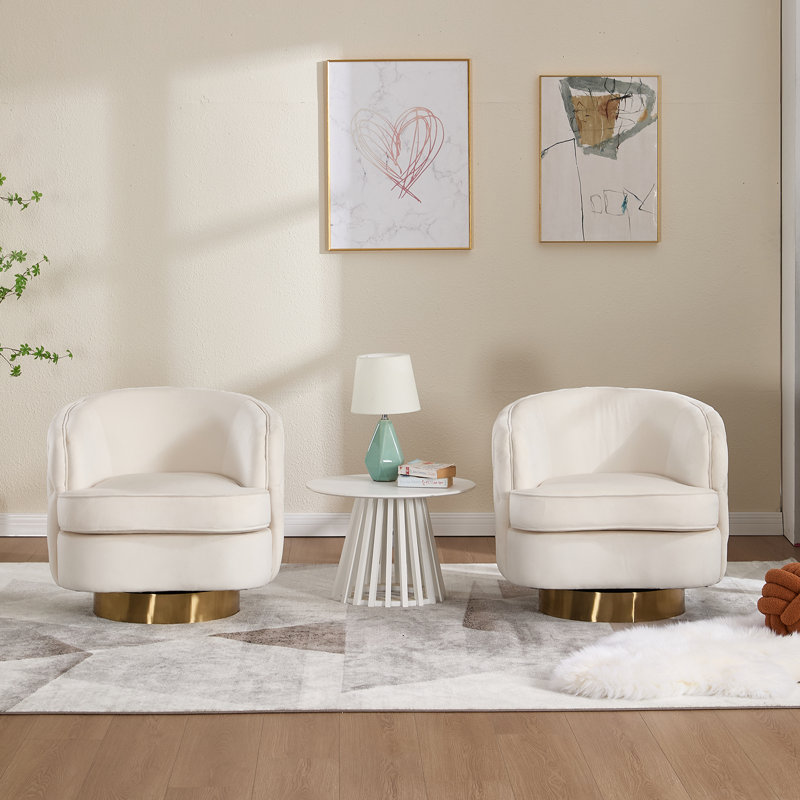 Luxury Velvet Barrel Accent Chair - 360° Swivel Round Base With Gold Finish -Tufted Back & Armrests - Oversized Statement Chair For Living Room, Lounge