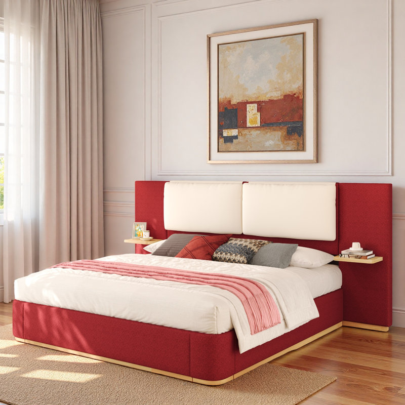 Lit plateforme tapissier avec tablettes, Rouge, Grand lit