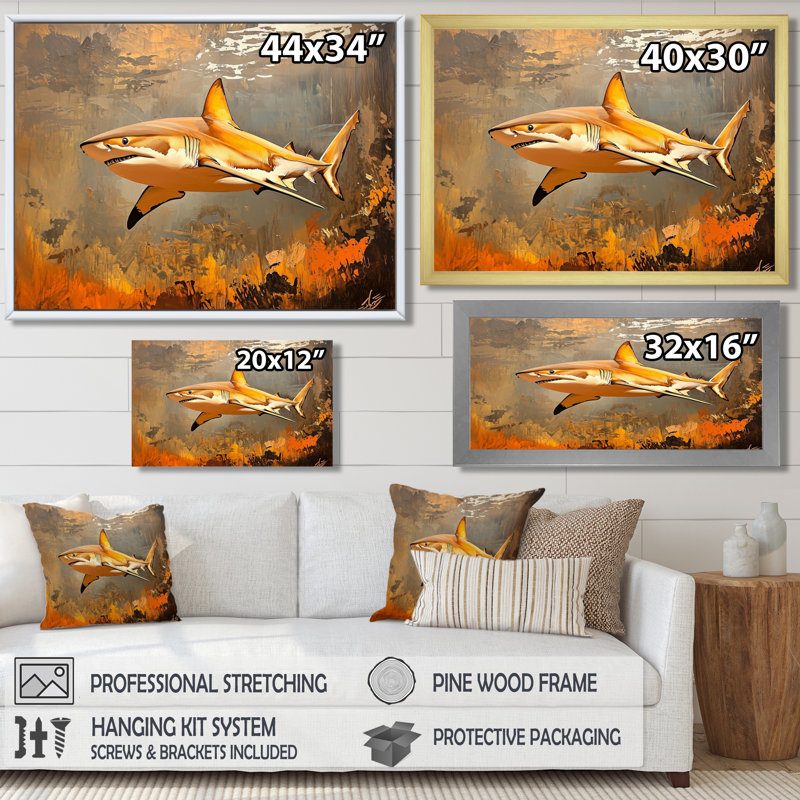 Natation de requin nageur I - art mural requin, H 12 po x l 20 po, Reproduction encadrée, Noir