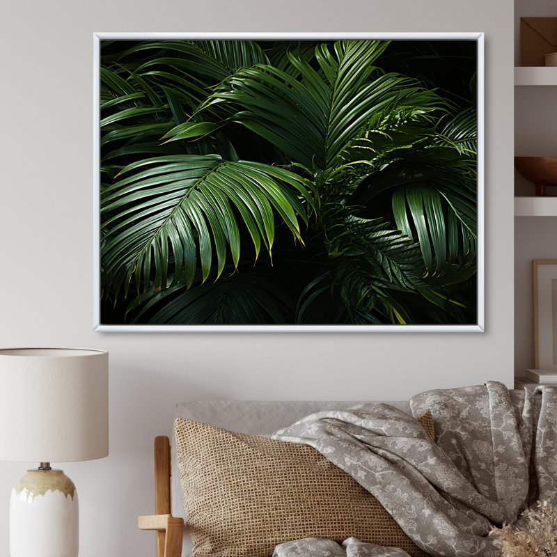 «Emerald Jungle Palm Leaves Embrace», reproduction sur toile, Cadre flottant blanc, H 30 po x l 40 po x P 1,5 po