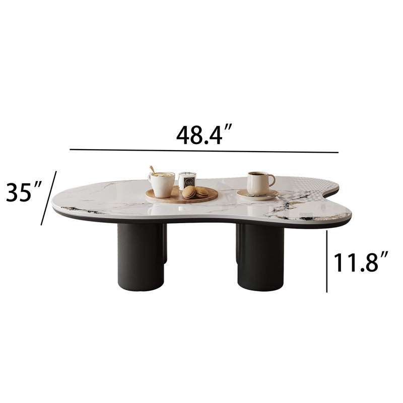48.4" Modern Irregular Cloud-Shaped Coffee Table - Faux Marble Tabletop & MDF  Cylinder Legs  Stylish Luxury Living Room Center Table Home Decor Furniture