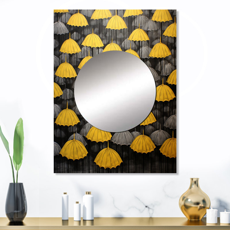 Ciel de parapluies jaunes et gris Tranquility I - miroir décoratif de ciel, grand miroir mural traditionnel, impression d'art en métal