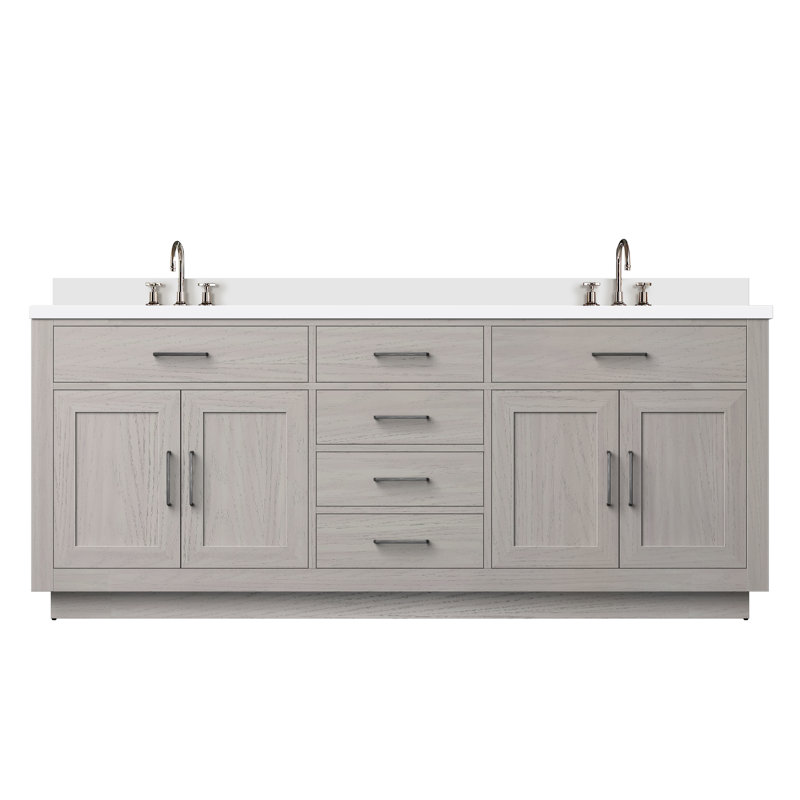 Meuble-lavabo double 80 po, Marbre de culture blanc, Chêne blanc