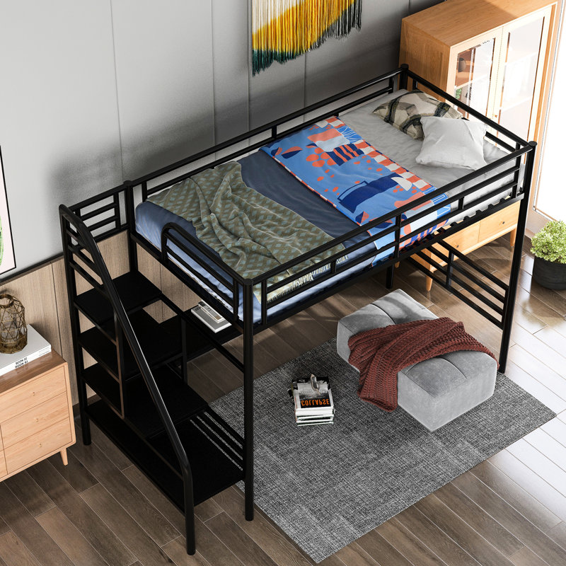 Lit mezzanine simple en métal avec bureau, de couleur noire, sans sommier tapissier, garde-corps, bureau simple à installation dans un espace limité pour lit simple, base supplémentaire, rails, chambre d'amis idéale
