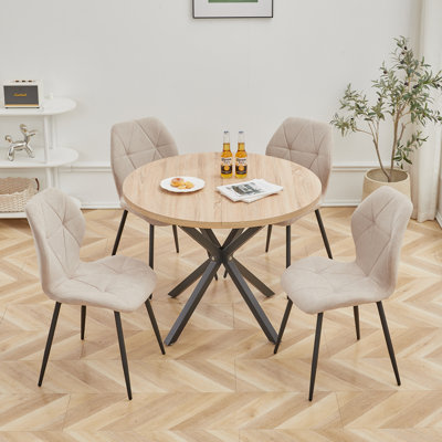 Modern 5-Piece Round Dining Table Set with Upholstered Diamond Pattern Chairs for Dining Room and Kitchen
