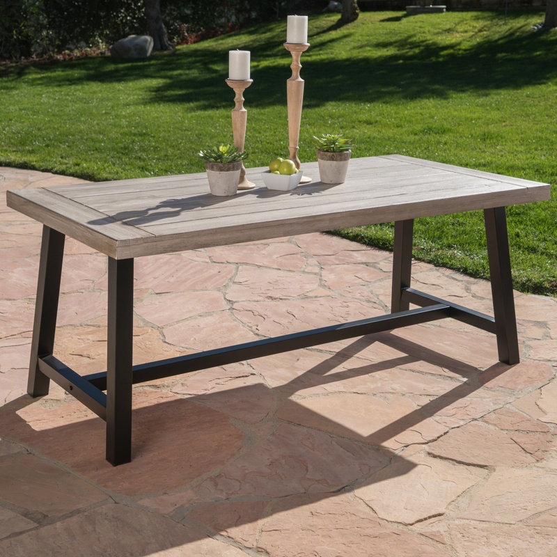 Grey Sandblast Finish Wood Outdoor Dining Table With Black Rustic Frame, Metal Construction, 29.5 Inches Tall, 70 Wide, 34.28 Deep Slat Design, High - Quality Wood, In Height, Width, Depth