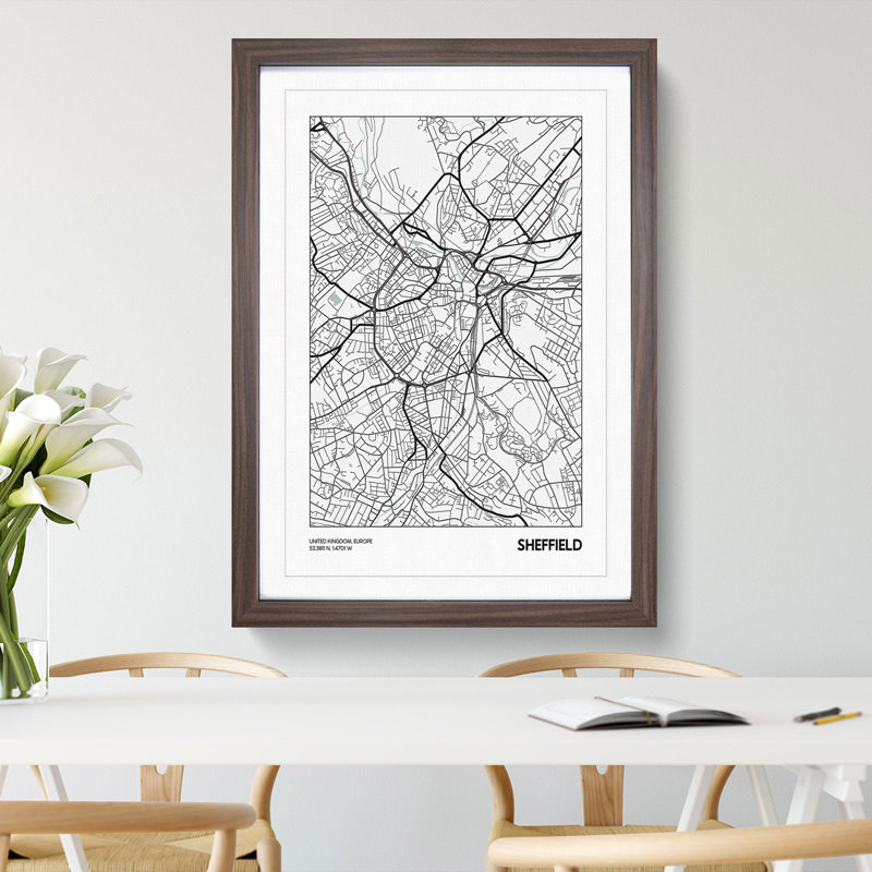 Map Sheffield UK - Picture Frame Graphic Art, 36cm H x 27cm W x 2cm D, Walnut