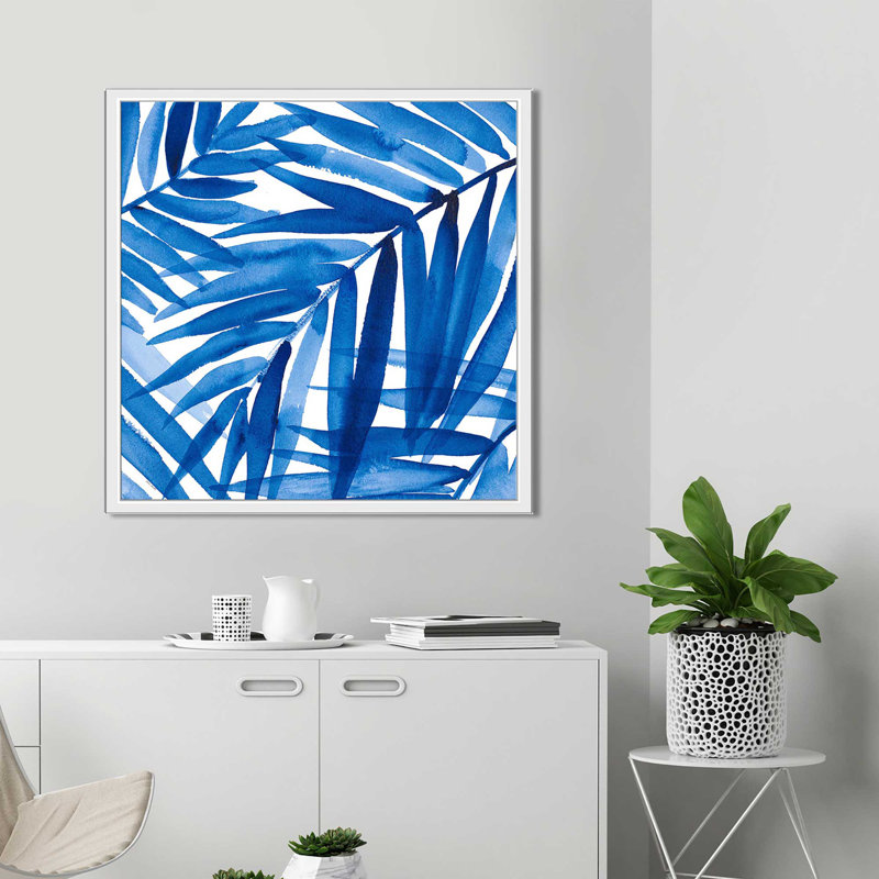 «Blue Palm Design II», reproduction de peinture à l'aquarelle, H 31,5 po x l 31,5 po x P 2 po, Cadre flottant blanc