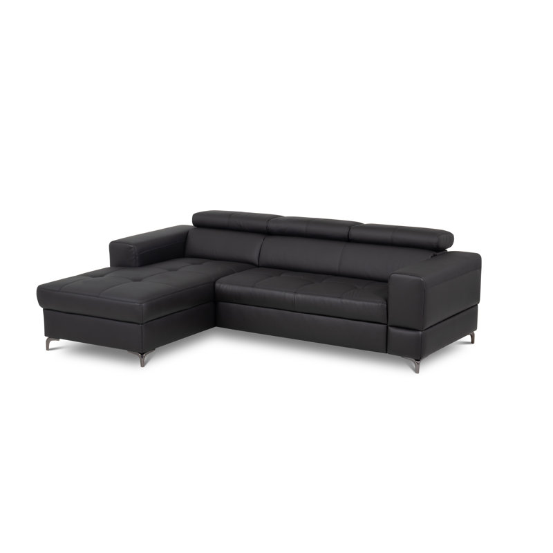 Tinos Genuine Leather Corner Sofa with Pull Out Bed with Storage and Adjustable Headrests, Left Hand Facing, Black