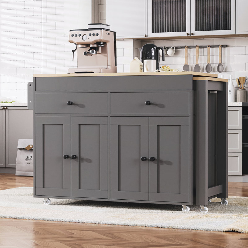 74.5 inch Kitchen Island with Extendable Dining Table,Kitchen Storage Cart with Spice Rack,2 Drawers and 4 Door Cabinet, Grey