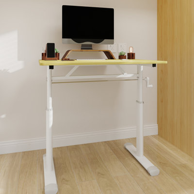 Adjustable Desk For Home And Study, Hand - Height Adjustment, Wood Desktop, Stable Double Column Support, Versatile Functionality & Adults, White Desi