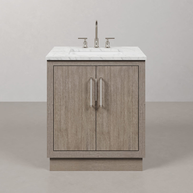 Ensemble de meuble-lavabo de comptoir en marbre blanc Carrara de 30 po Overt Surf en chêne gris avec robinet, Chrome