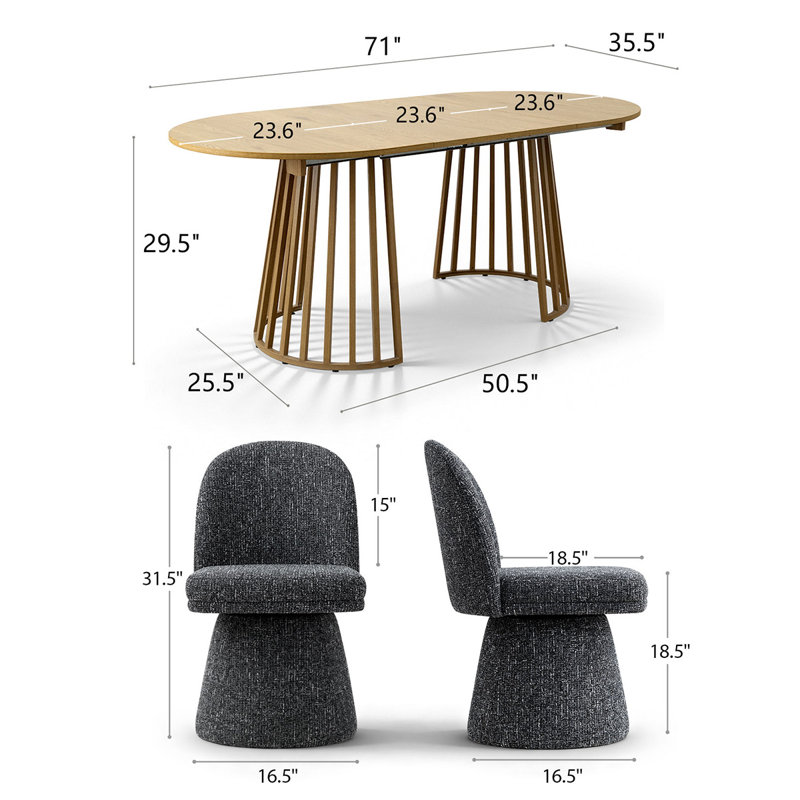 6 - Person Dining Table Sets With Extendabe Oval Table & 6 Upholstered Tweed Swivel Chairs, Black