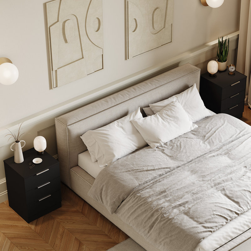Tasheeka 3 Drawer Bedside Chest Modern Bedroom Nightstand Set Of 2, Black