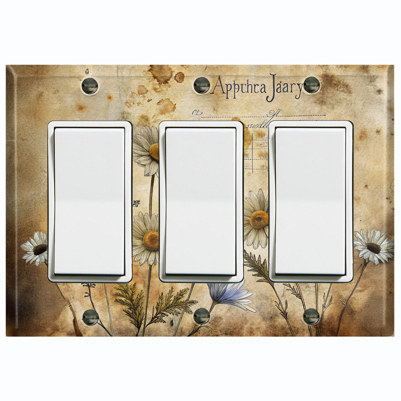 Couvercle de plaque d'interrupteur en métal; Bascule à 2 bandes US standard - marguerites rustiques, Triple GFI / berçant # 7