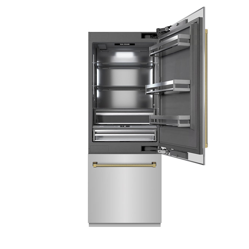 ZLINE Autograph 30 in. Built-In Refrigerator w/ Gray Interior and Polished Gold Helix Handles, Gold