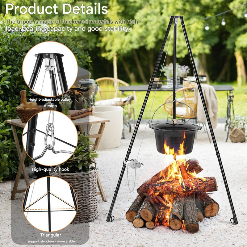 Goulash Pot With Tripod And Spoon, Original Hungarian Goulash Kettle, With Height-Adjustable Chain, With Ground Spikes, Kettle Goulash Pot Set, Enamel, For 10-15 People