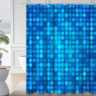 Rideau de douche bleu à bulles abstraites et blanc avec 12 crochets
