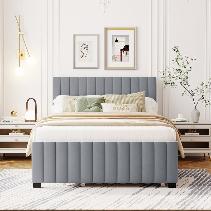 Lit plateforme tapissier en velours avec lit gigogne, Gris