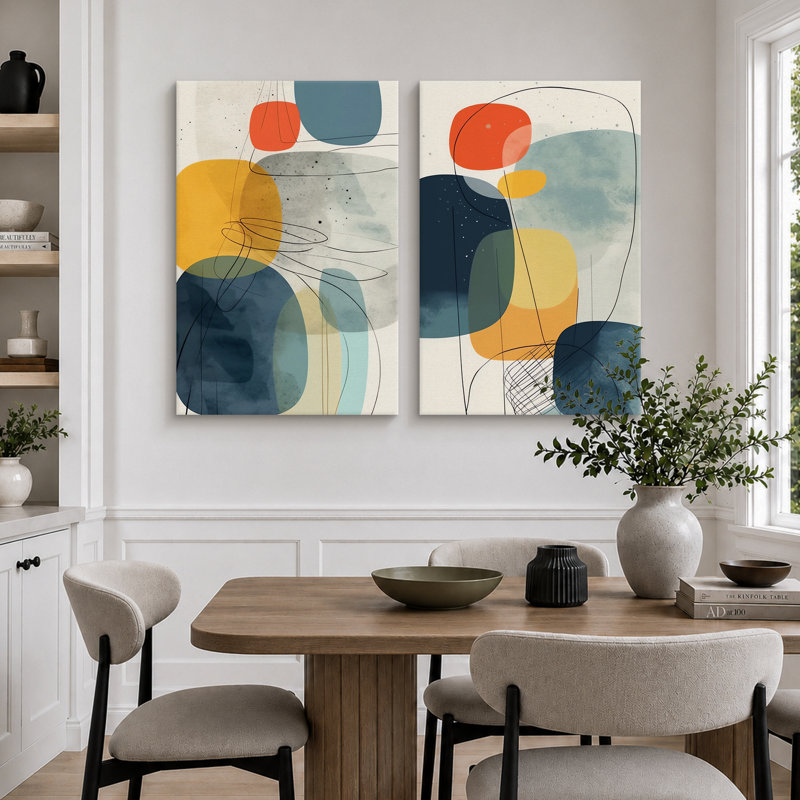 Mid Century Shape "Vibrant Blue & Yellow & Orange Polygon Artwork, Modern Abstract Geometric Wall Pictures, Framed Canvas Giclee Print 2 Pieces Wall Art Set"