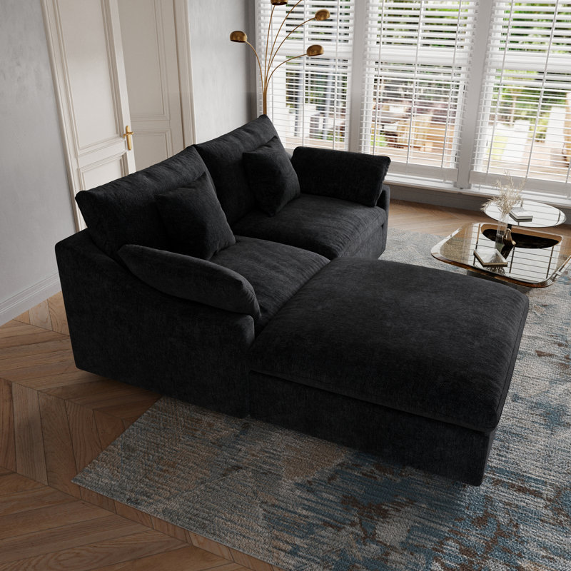 Slipcovered Upholstered Modular Sofa With Ottoman, 29.53" H x 82.68" W x 77.95" D, Dark Charcoal