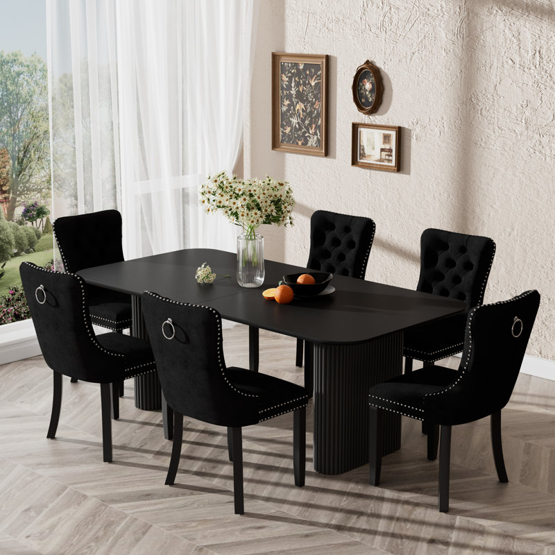 70.9 " Rectangular Double Pedestal Dining Table Set, Black, 7
