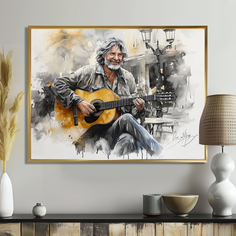 «Madrid's Street Performers - Musician», reproduction sur toile, H 24 po x l 32 po, Cadre flottant sans passe-partout, Doré
