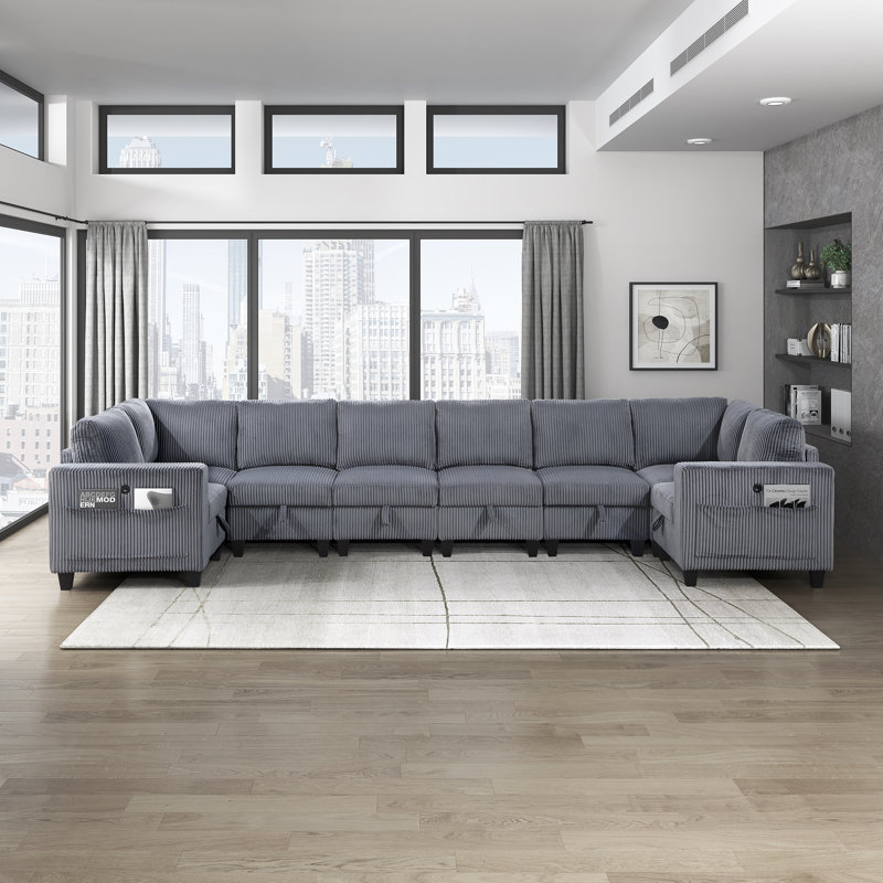 Canapé modulaire 8 pièces moderne et contemporain Skrzypek, Velours côtelé gris foncé