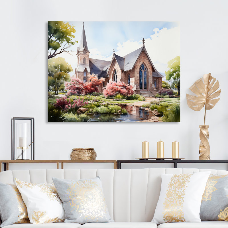 Aquarelle rustique de la chapelle blanche, 34" H x 44" W, Toile tendue