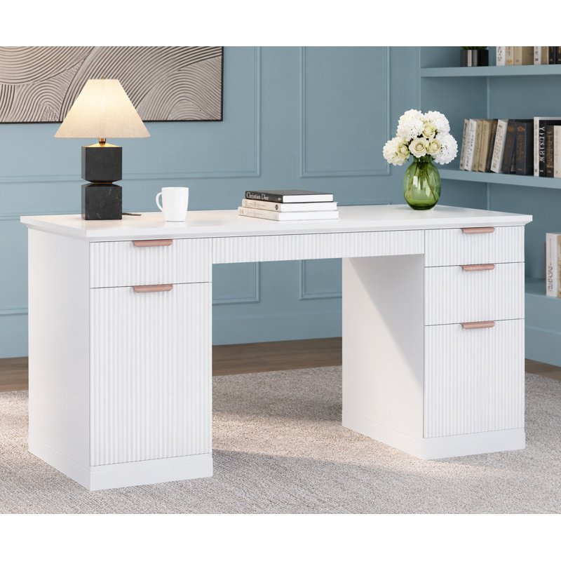 Bureau cannelé moderne avec rangement Ato, Blanc