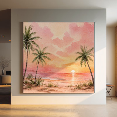 Extra Large Wall Art Fabric Print - Tropical Sunset Beach with Palm Trees and Warm Pink Sky Coastal Landscape for Living Room or Bedroom "Frame Assembly Required (Unfinished Frame)"