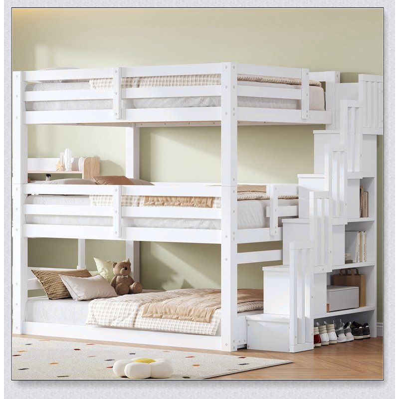 Triple Bunk Bed With Storage Staircase,Separate Design, Gray