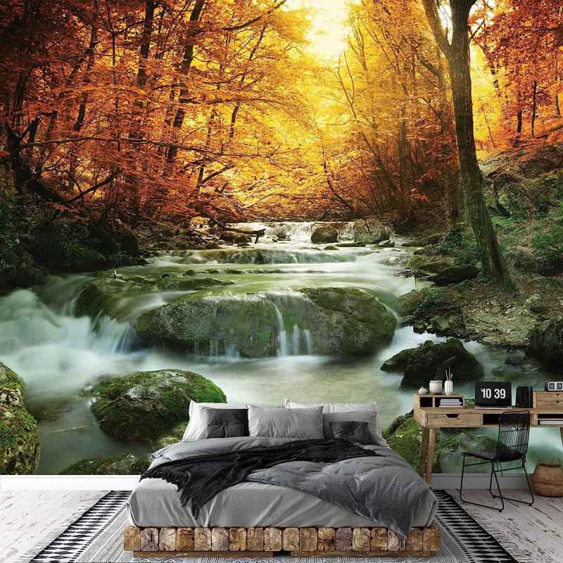 Murale à peindre paysage doré feuilles dorées et forêt, L 100 po x l 144 po