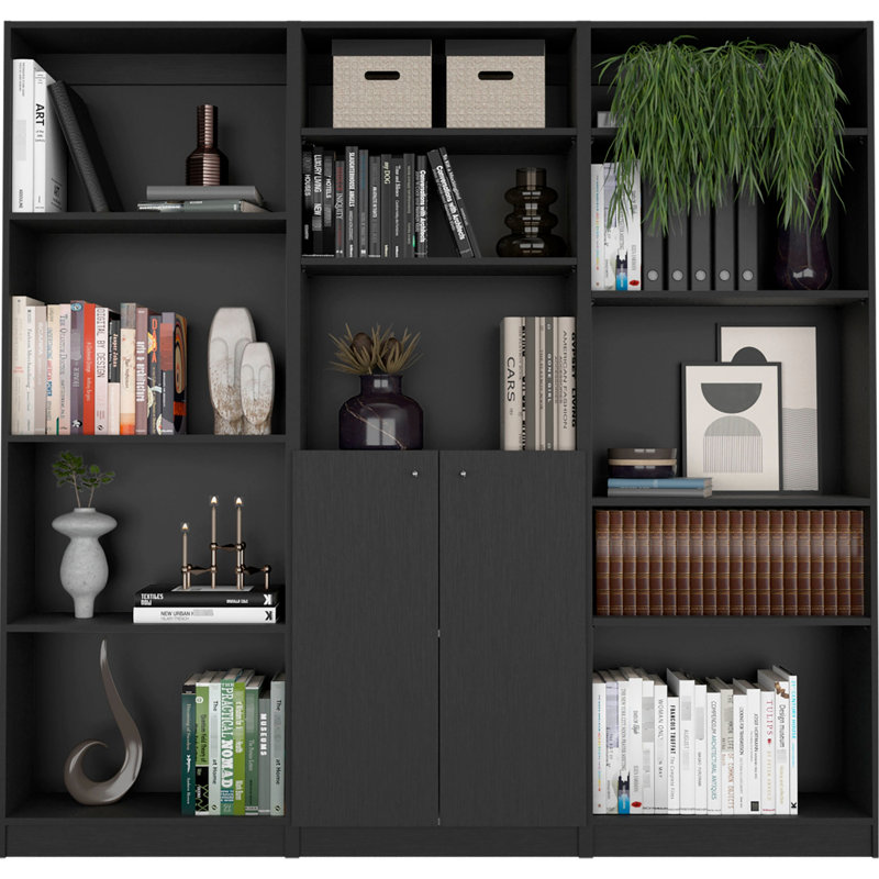 3 Piece Living Room With Black Bookcases - Functional And Modern Storage 3 Bookcase In Versatile Doors For Privacy Organization