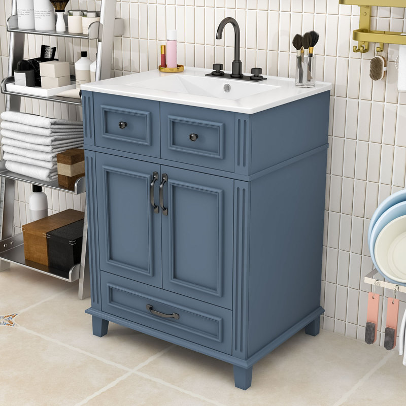 Modern Freestanding Bathroom Vanity with Ceramic Sink, Soft Closing Doors and Storage Drawer, Bleu
