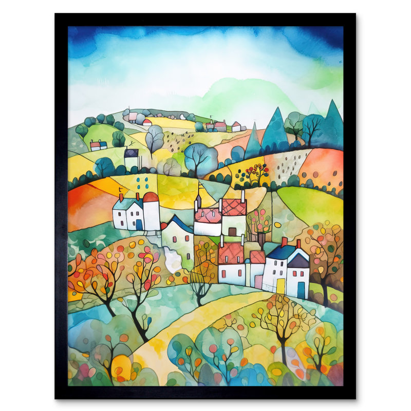 English Country Rural Landscape Folk Art Watercolour Painting Art Print Framed Poster Wall Decor 12x16 inch